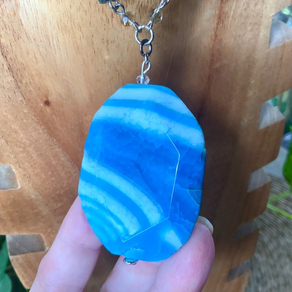Blue Agate STONE PENDANT NECKLACE - NWT $45 TURQUOISE /Long Silver Tone Chain - Picture 11 of 12